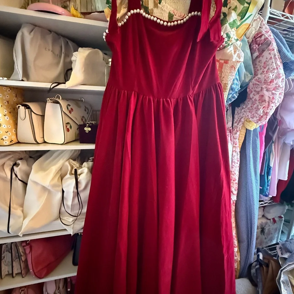 JessaKae Red Velvet Pearl-Trim Maxi Dress - Picture 4 of 6